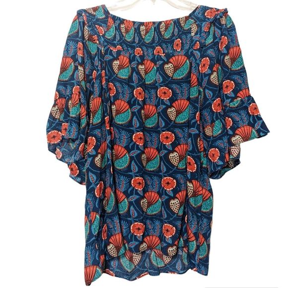 Women's Anthropologie Maeve XL Letitia Smocked Blouse Teal Poppy Babydoll Shirt - Picture 2 of 11